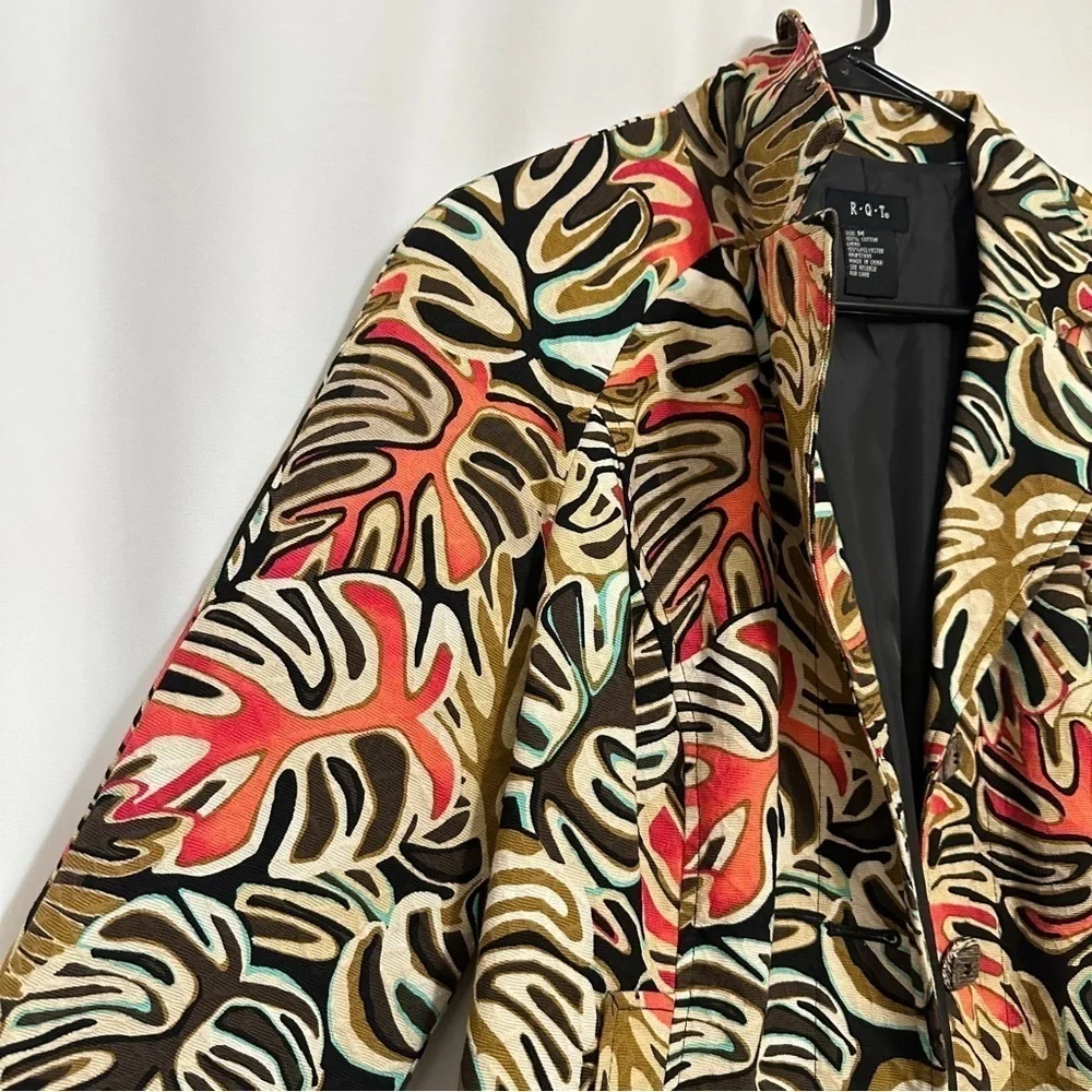90s Vintage R.Q.T Women's Leaf Print Multicolor Front Button Jacket sz M